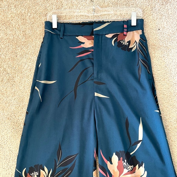 New ZARA Teal Satin Wide Leg Tropical Floral Print Pants - Picture 6 of 10